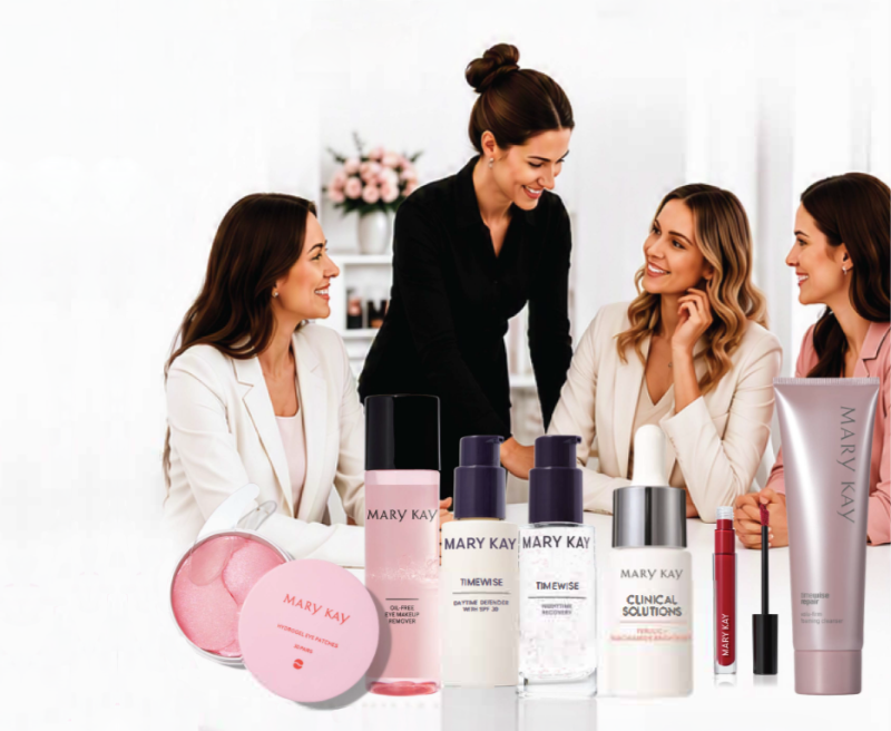 Skupinka žien, ktoré sa spolu bavia a usmievajú a v popredí je kozmetika Mary Kay